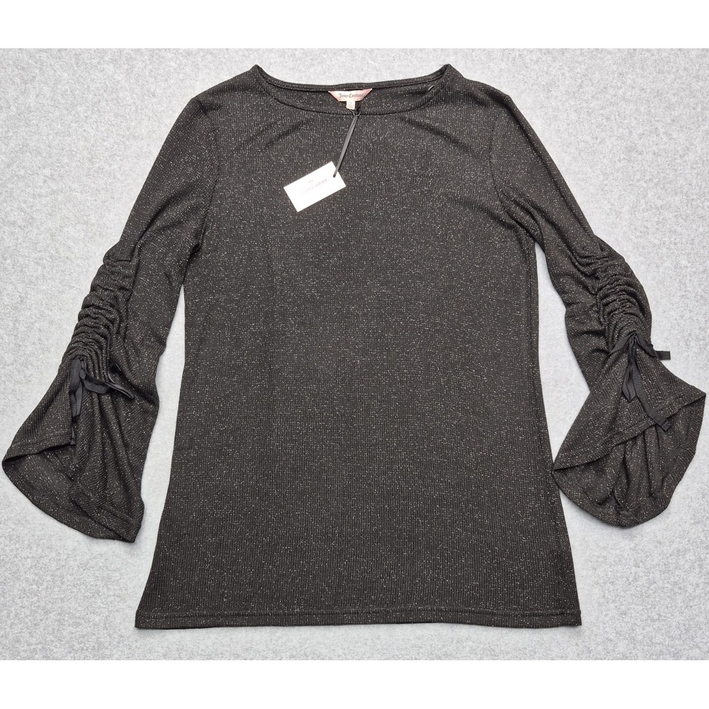 Juicy Couture Top Women Size M Gray Shimmer Metallic Ruched Bell Sleeve